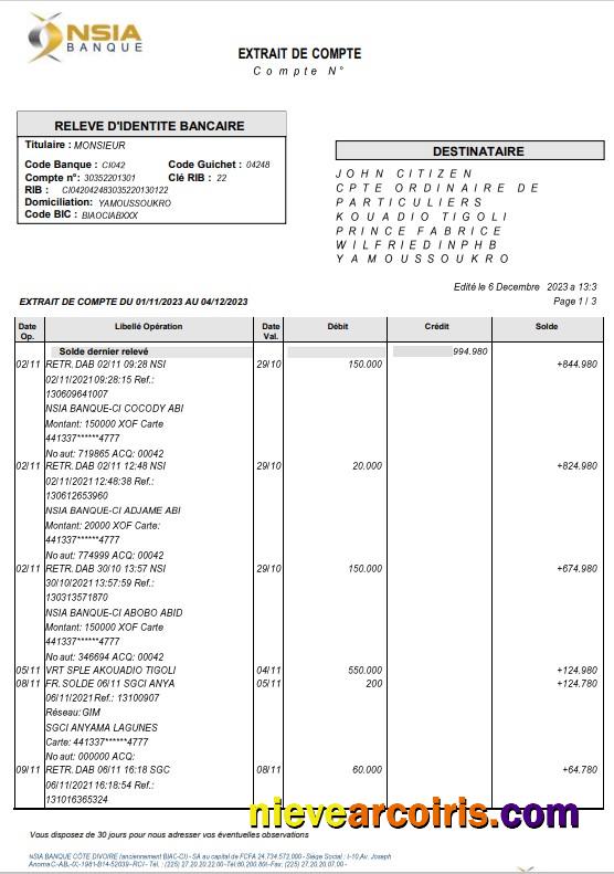 France NSIA Banque statement Word and PDF, 4 pages